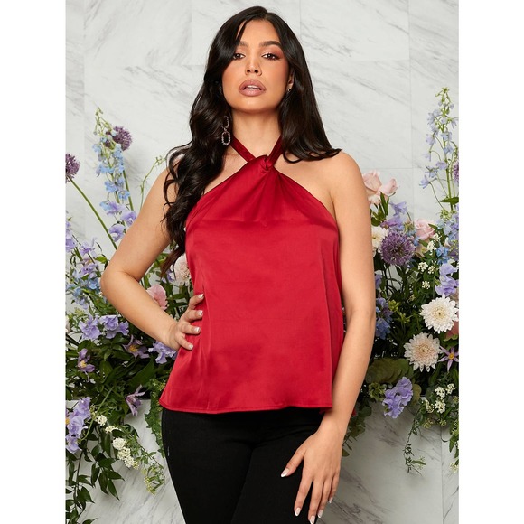 Maternity Tie Backless Halter Top Satin red - Picture 1 of 6